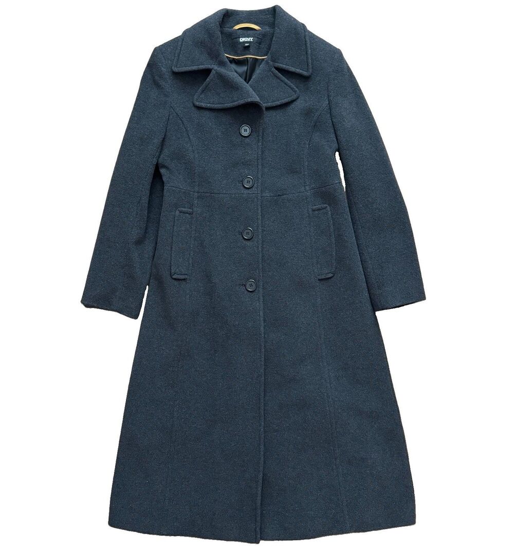 DKNY Women’s Wool Blend Long Coat Gray Size 10P Button Front Peacoat Jacket